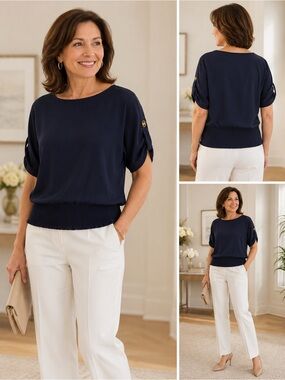 Michael Kors Navy Blue Smocked Hem Blouse Top | Size Medium | NWT